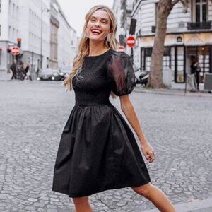 Officially Quigley Black Organza Puff-Sleeve Smocked-Bodice Mini Dress - X-Large